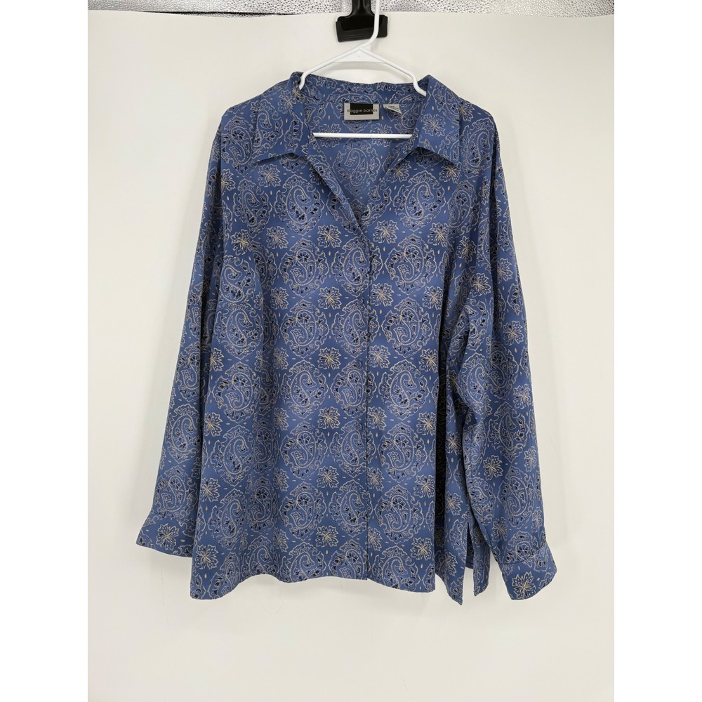 Maggie Barnes Blouse Women 28W Blue Paisley Floral Button Up Long Sleeve Shirt